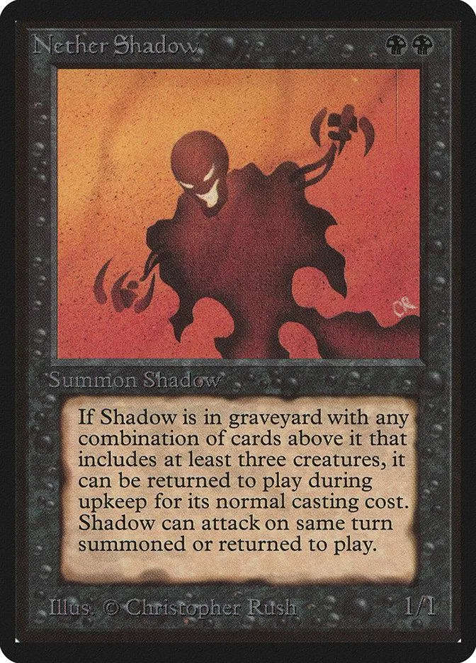 Dark shadow creature on orange background, black card frame, text visible.