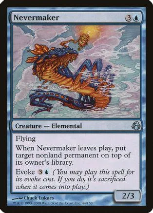 Orange and blue elemental creature card art, Nevermaker, with text box.
