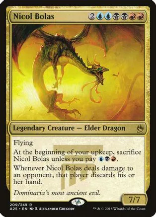 Green dragon creature on yellow and orange background. Card art for Nicol Bolas.
