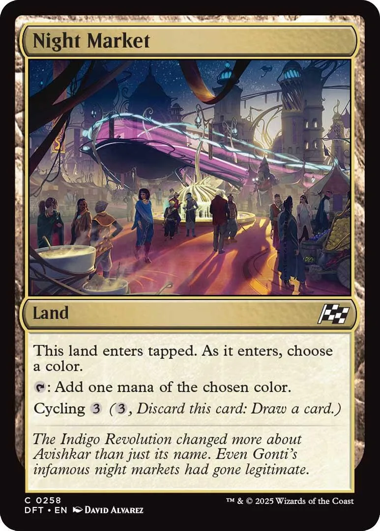Magic: The Gathering card art showing a nighttime market scene with many figures.