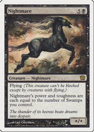 Black horse creature galloping through stormy, dark clouds on a card.