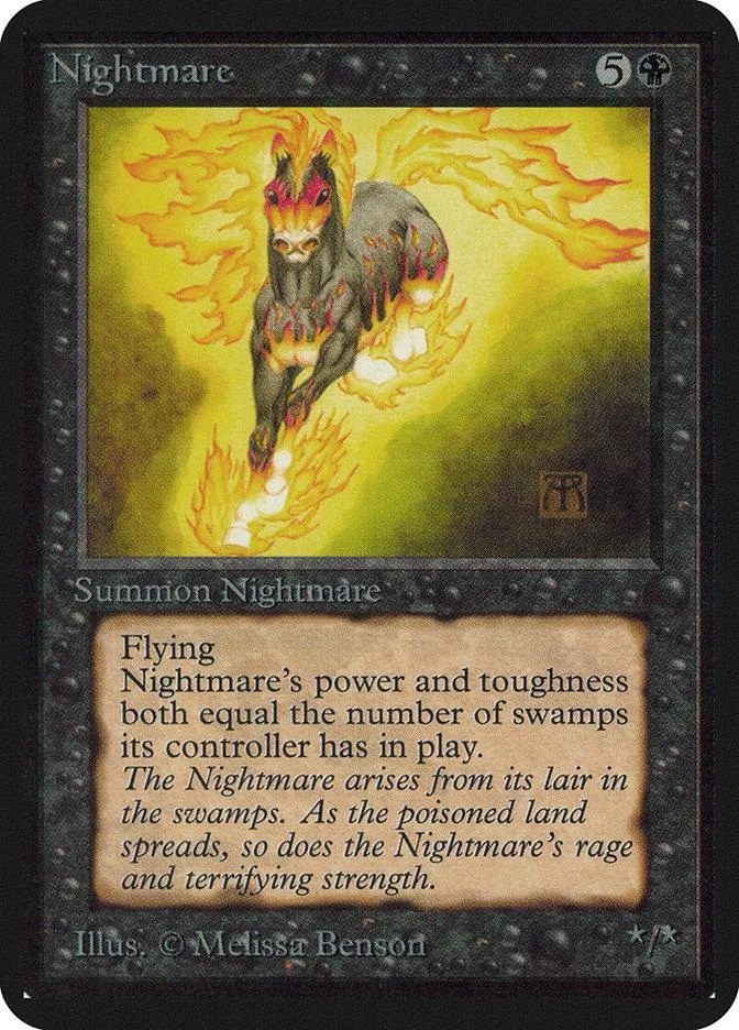 Black and gold Nightmare creature card art, showing a fiery, dark beast.