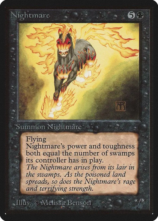 Dark, fiery nightmare creature on a black Magic: The Gathering card.