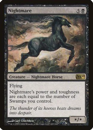 Black horse creature galloping through stormy, dark clouds on a card.