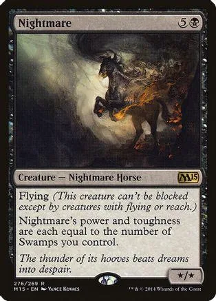 Dark horse creature on a stormy background, black and orange tones.