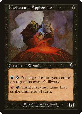 Dark wizard casting spell over fiery red ground on a black card.