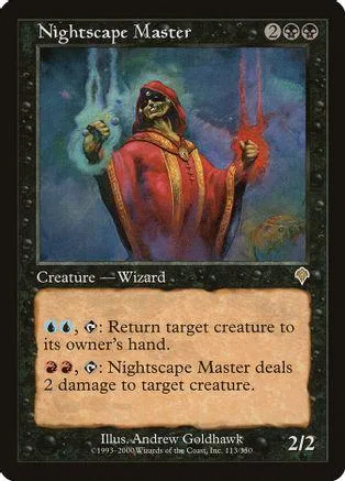 Red wizard creature card, Nightscape Master, blue and red artwork.