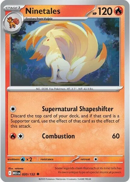 Yellow fox Pokémon card, Ninetales, with Supernatural Shapeshifter attack.