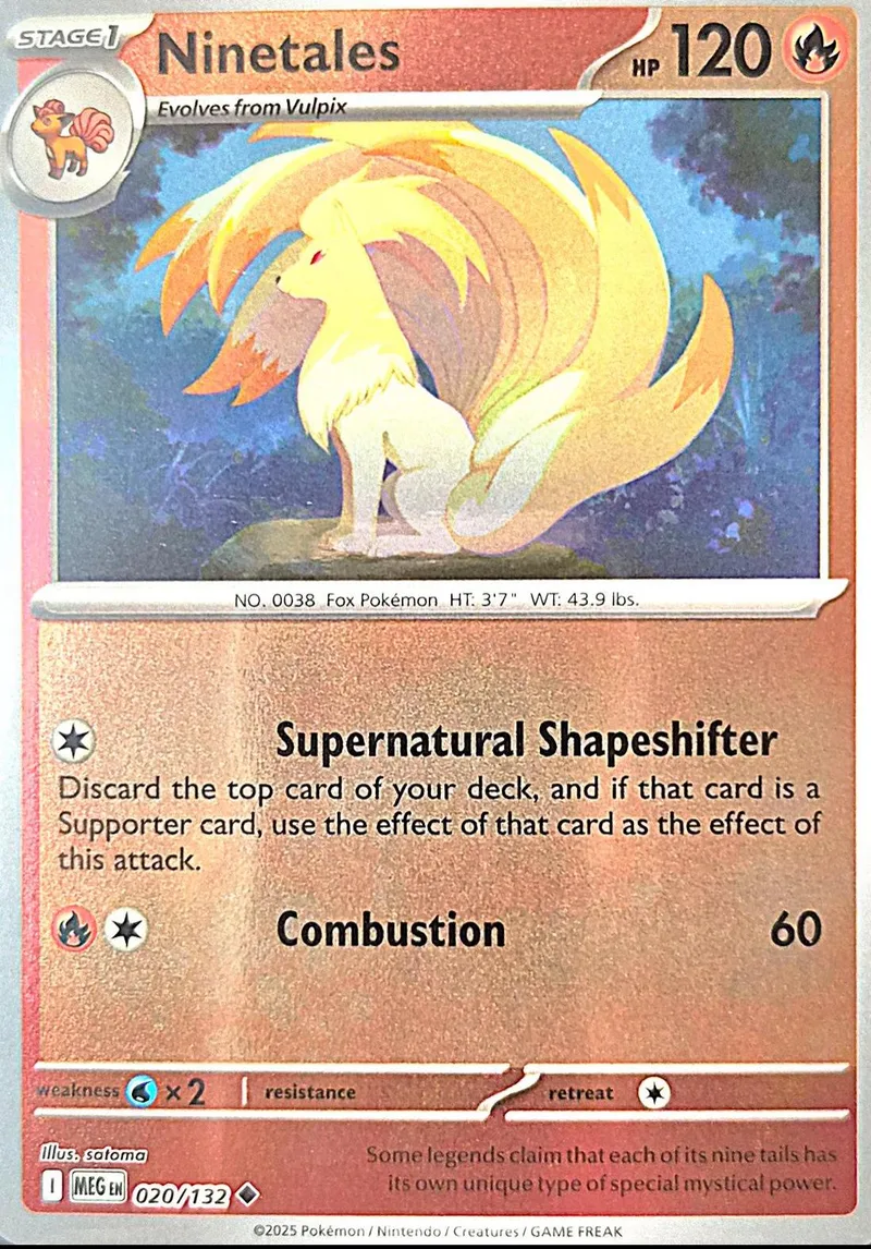 Yellow fox Pokémon card, Ninetales, with attack and ability text.