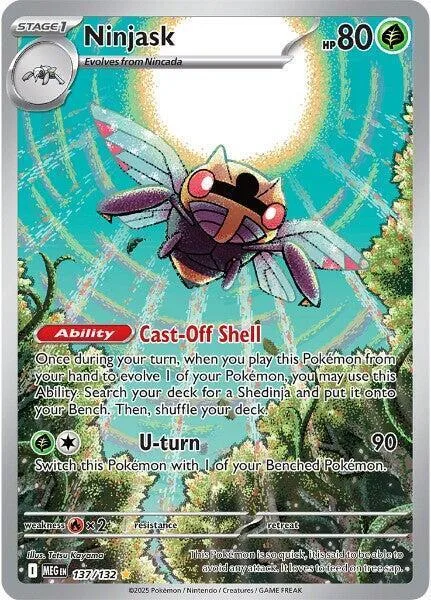 Dark insect Pokémon card, black and purple, showing ability text and stats.