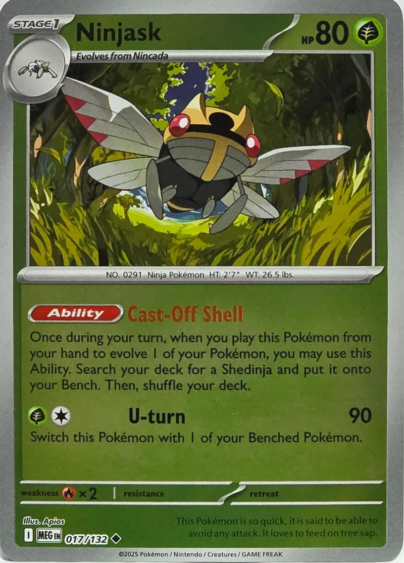 Dark, winged insect Pokémon card featuring a yellow and black creature in a green forest.