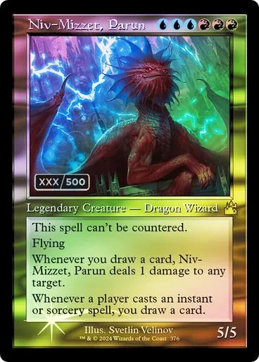 Red dragon wizard, Niv-Mizzet, Parun, on a Magic: The Gathering card.