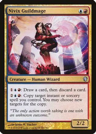 Wizard figure in dynamic pose on a fantasy battlefield card.