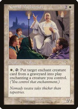 White-robed cleric figure on a card with blue and purple tones.
