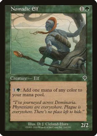 Blue elf sits on tree branch, holding staff, green and brown tones.