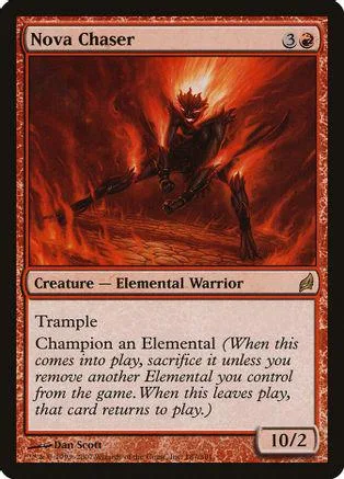 Dark elemental warrior on fiery battlefield, black and red card art.
