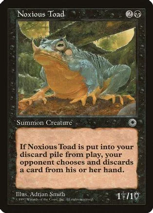 Blue and orange toad creature card art, Noxious Toad, black border.