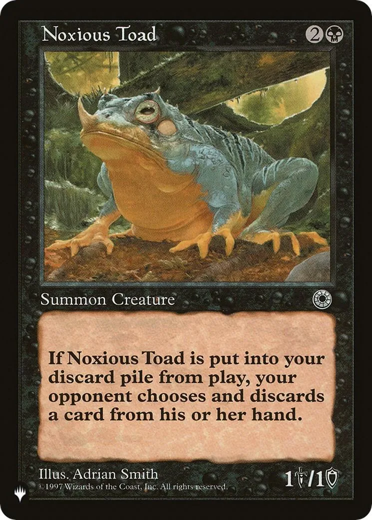 Frog creature card art, green and brown tones, Noxious Toad text.