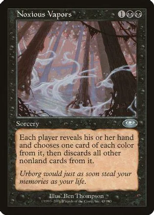 Dark forest scene on a Noxious Vapors card. Sorcery type, black and white tones.