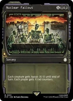 Nuclear Fallout card featuring skeletal figures in a desolate, orange-toned scene.