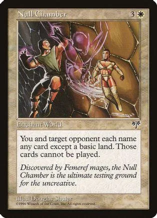 Card art depicts two figures in a mystical, glowing environment. Text reads "Null Chamber.