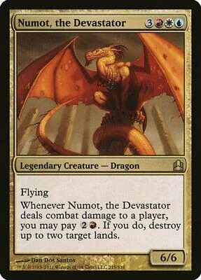 Red dragon creature card with orange wings, showing combat ability text.