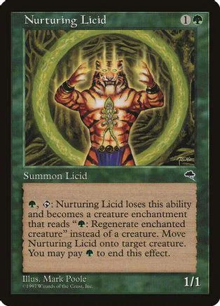 Red, striped creature in green circle on a Magic: The Gathering card.