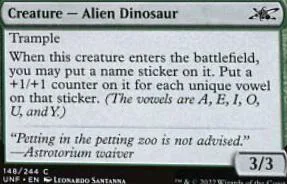 Green creature card featuring alien dinosaur art and text.