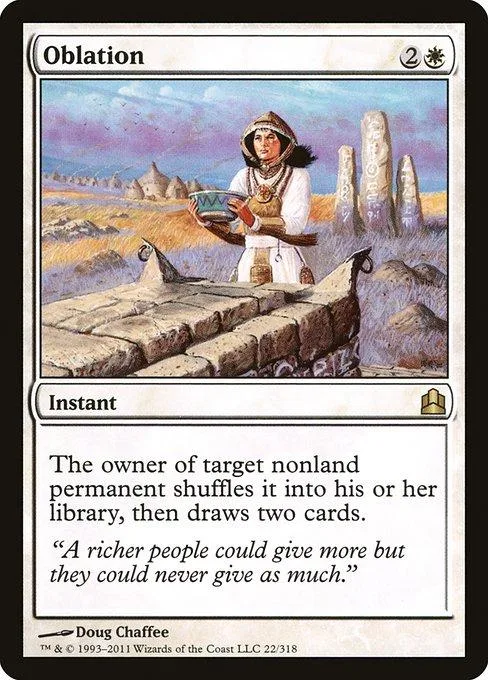 Card art: hooded figure holding bowl in a desert landscape. Blue and white card.