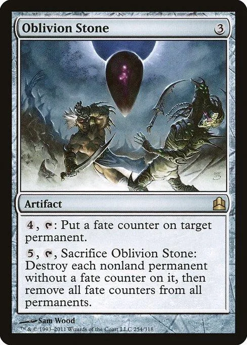 Black and white fantasy art card: Oblivion Stone, artifact with purple balloon.