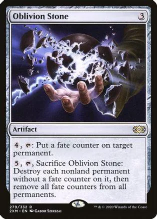 Magic: The Gathering card, Oblivion Stone, dark blue and black art.