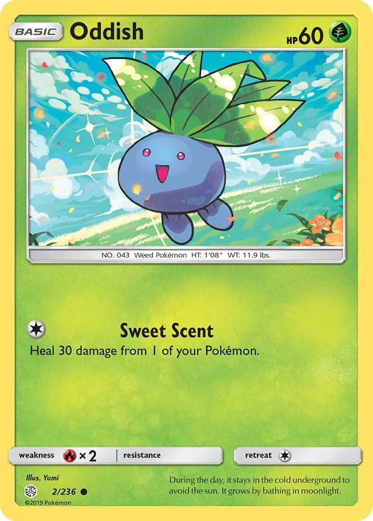 Purple, leafy Pokémon card with "Oddish" name and "Sweet Scent" attack.