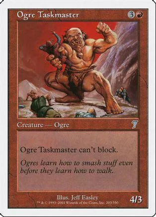 Muscular ogre creature card art, brown skin, red background, 4/3 stats.