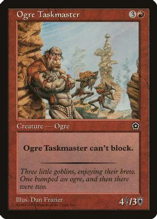 Ogre Taskmaster card art: bearded ogre with goblins in a forest setting.