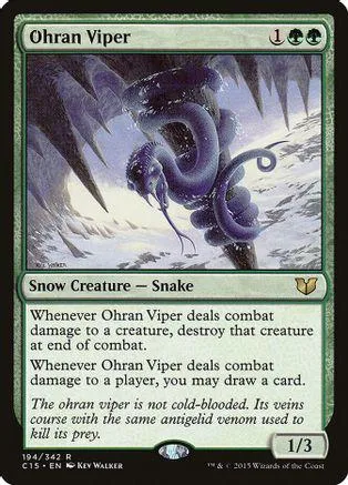 Purple snake creature on ice, dark background, Magic: The Gathering card.