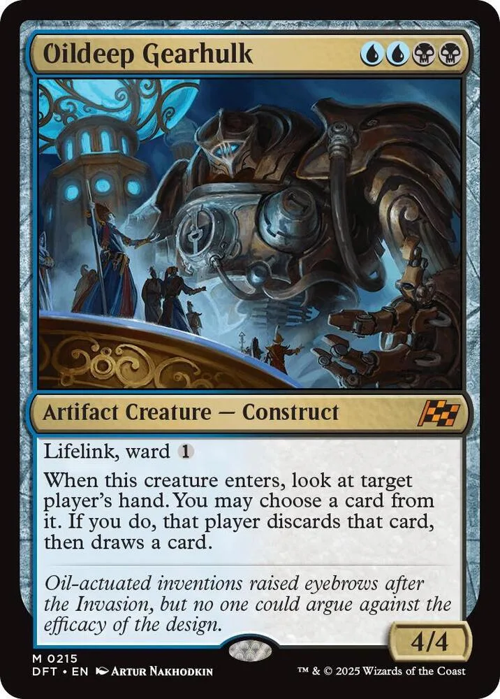 Dark mechanical creature on a card with blue and brown tones.