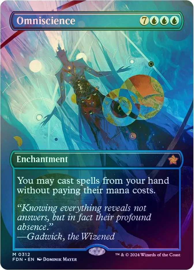 Green and blue Magic: The Gathering card, Omniscience, featuring a mystical figure.