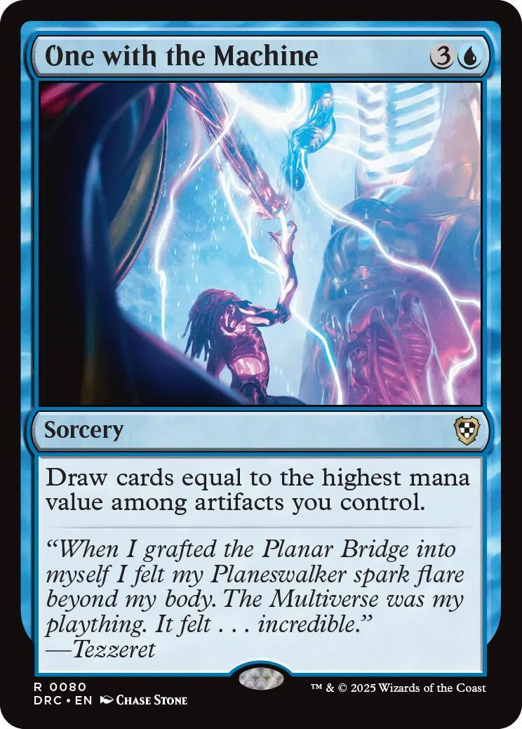 Magic: The Gathering card, "One with the Machine," featuring a figure amidst glowing machinery.