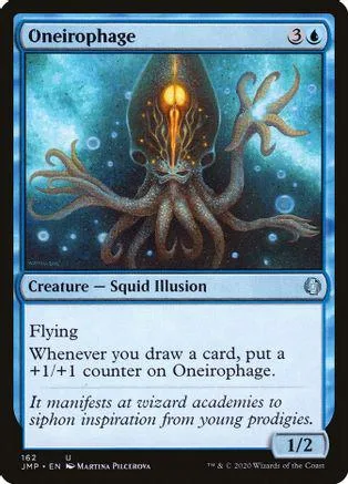 Blue and black octopus creature card, Oneirophage, with spell text visible.