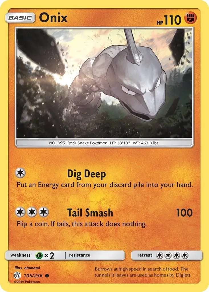 Rock snake Pokémon card, Onyx, gray and black, showing a large snake.