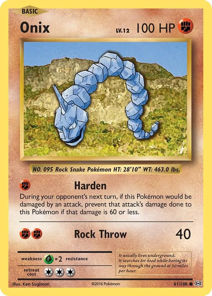 Blue rock snake Pokémon on a card, set against a green, rocky landscape.