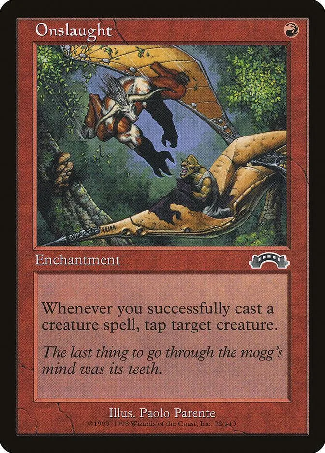 Creature card art: flying beast attacks large, armored creature in forest.