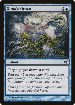 Blue and white Magic: The Gathering card, Oona's Grace, fantasy art.