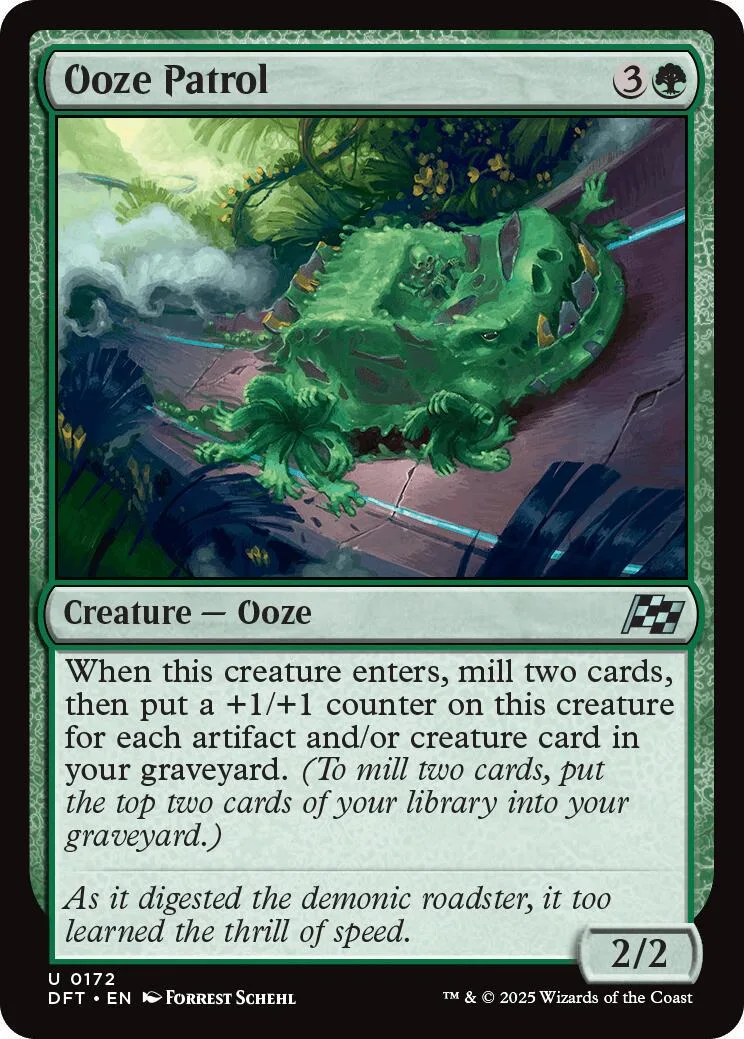 Green ooze creature card art, showing a large, mossy green monster.