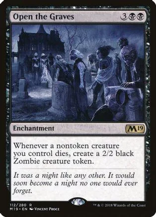 Dark graveyard scene with figures under a moonlit sky on a black card.