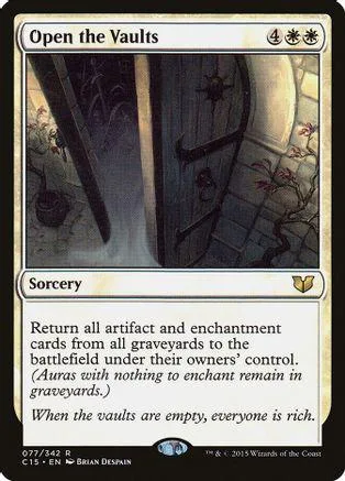 Magic: The Gathering card, "Open the Vaults," dark fantasy art, black and gold frame.