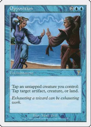 Two figures facing each other across a blue landscape on a Magic card.