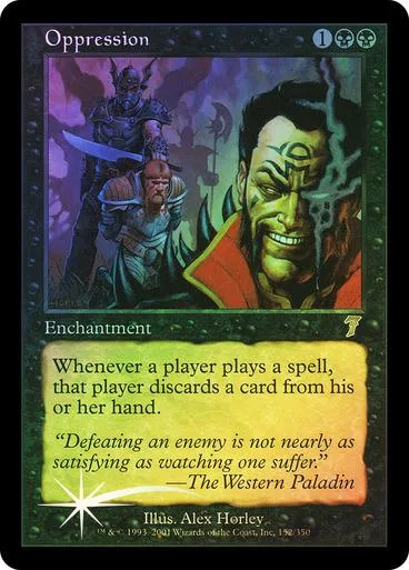 Dark fantasy card art featuring a menacing figure and a smiling man in red.