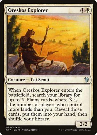 Card art shows explorer in yellow landscape. Creature card, Oreskos Explorer.