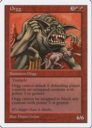 Large, monstrous creature with sharp teeth on a red and orange card.